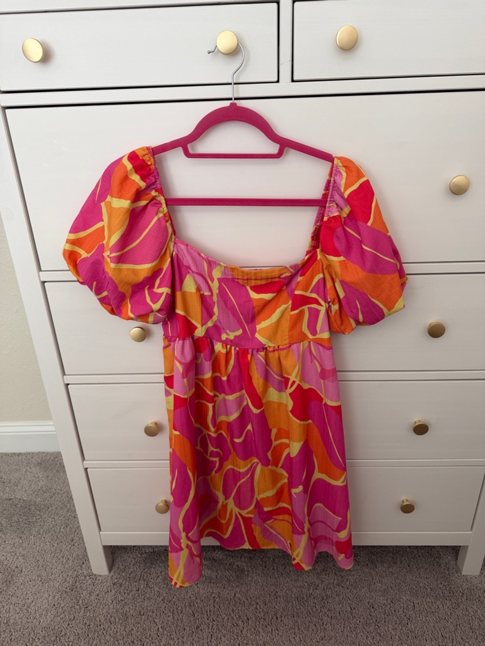 vestique Pink Orange Yellow Abstract Puff-Sleeve Mini Dress
